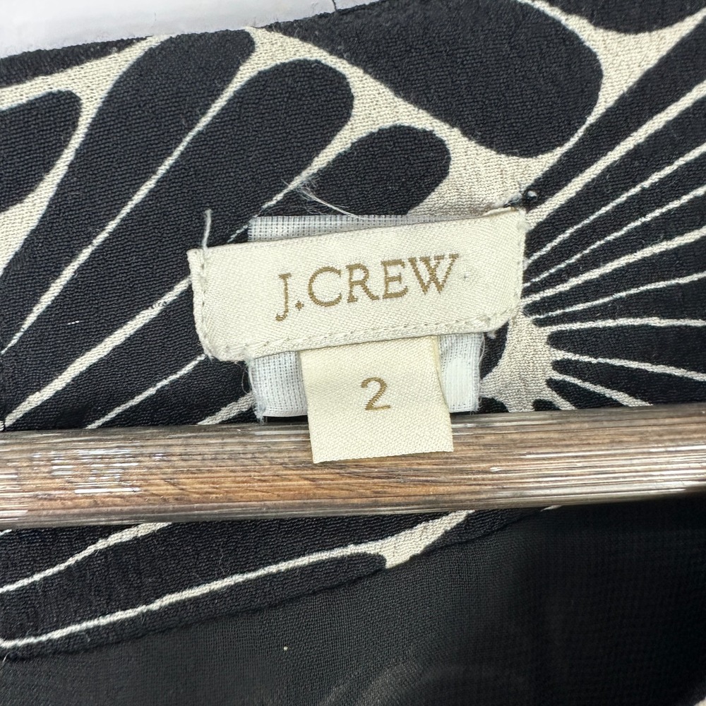 J.Crew Shift Dress Womens 2 Black Cream Fan Print 3/4 Sleeve Pockets Mod Retro - Picture 3 of 4